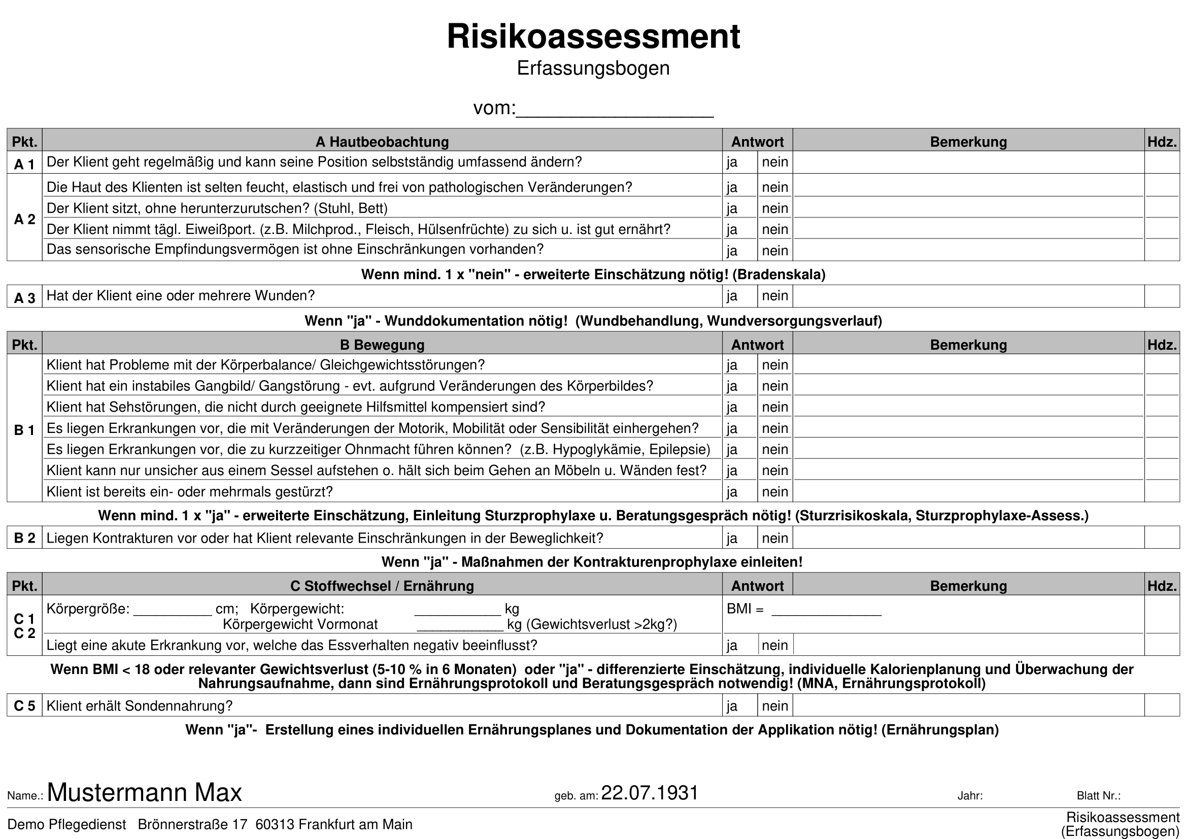 Risikoassessment (Erfassungsbogen)