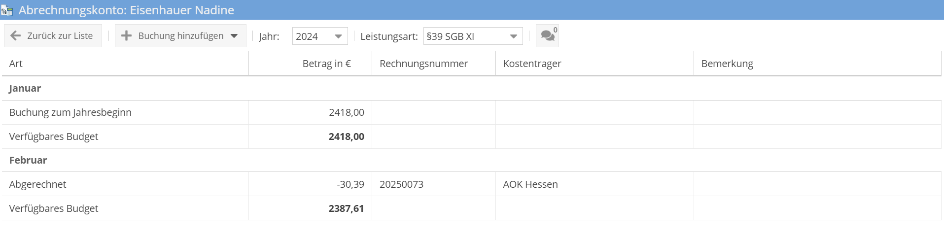 Abrechnungskonto §39 SGB XI