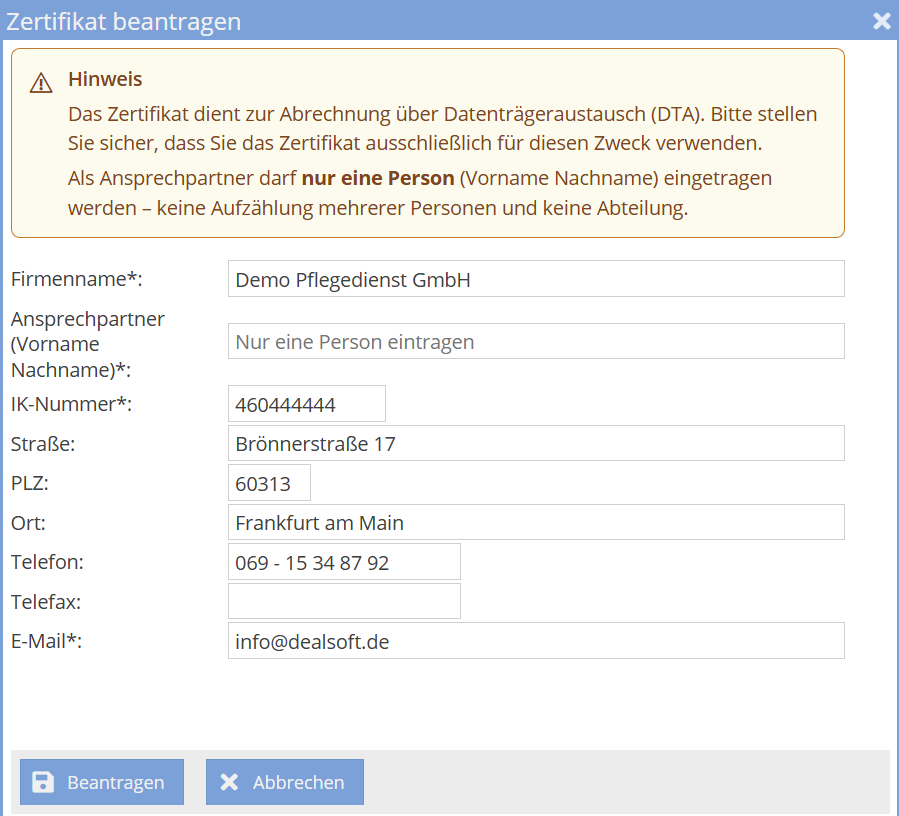 Formular für den DTA-Zertifikatsantrag