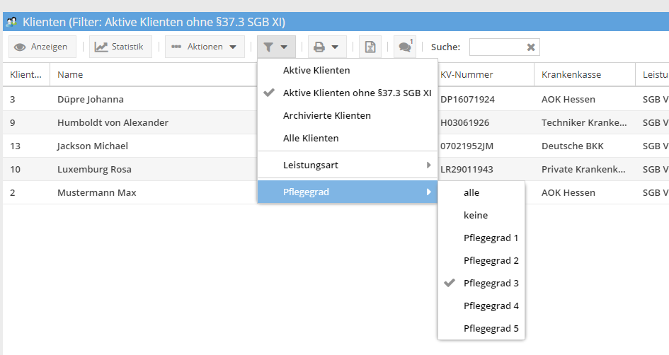 Filter nach Pflegegrad