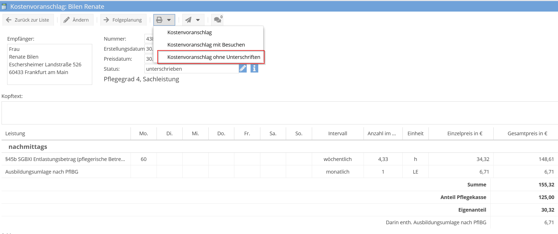 Kostenvoranschlag ohne Unterschriften