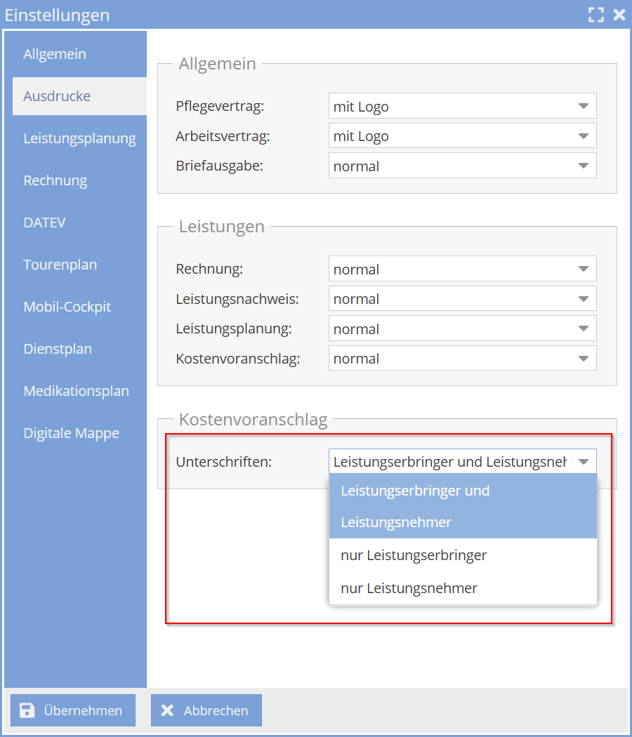 Einstellung Unterschriften auf dem Kostenvoranschlag