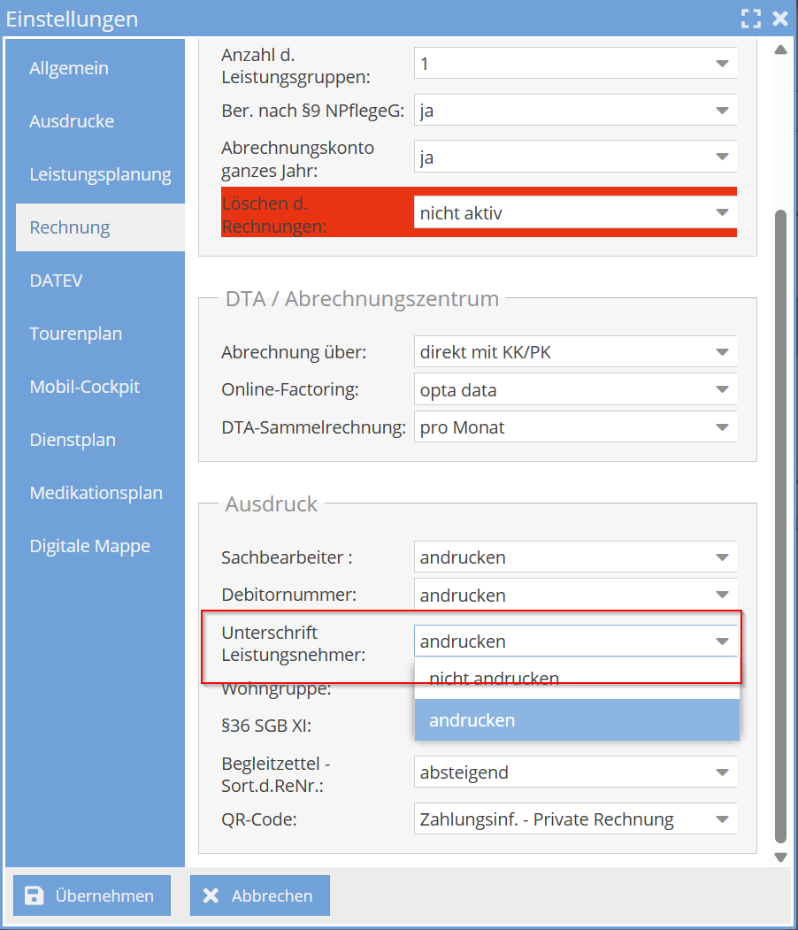 Leistungsnachweis-Einstellung