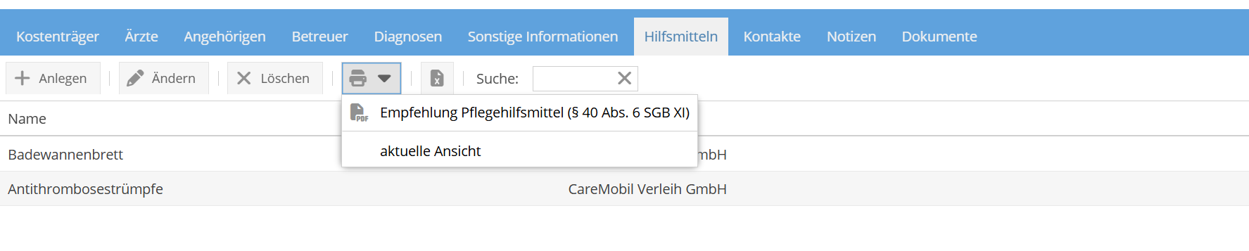 Drucken der Empfehlung Pflegehilfsmittel