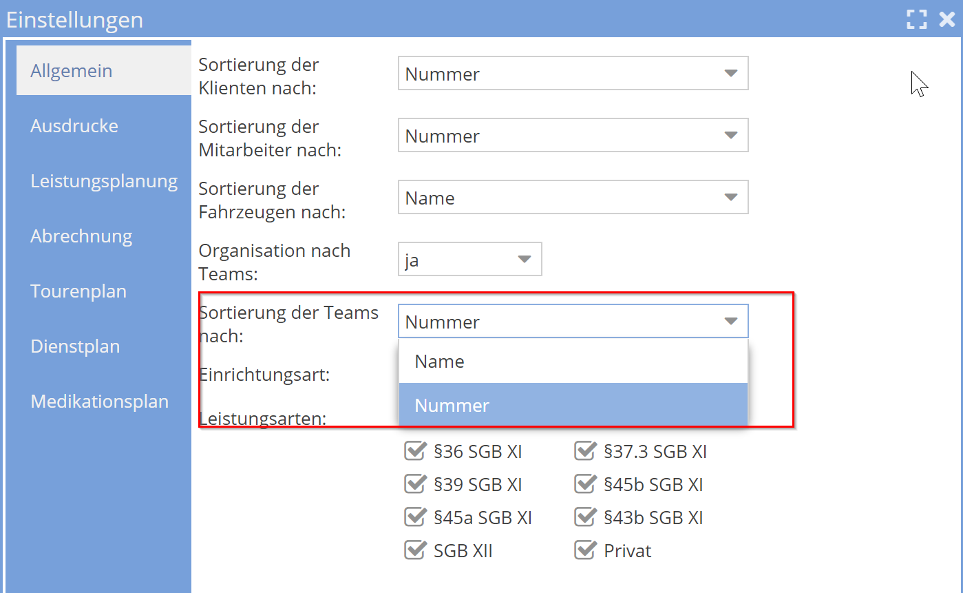 Team - Sortierung