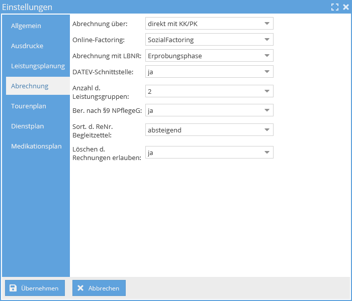 Einstellungen Factoring Direkt