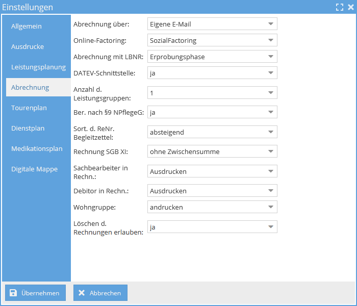 Einstellungen Abrechnung