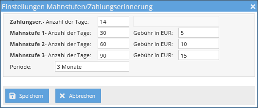 Mahnung/Zahlungserinnerung Eisntellungen