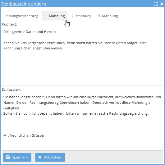 Mahnung/Zahlungserinnerung Textbausteine