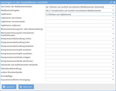 Einstellungen der Leistungen Popup