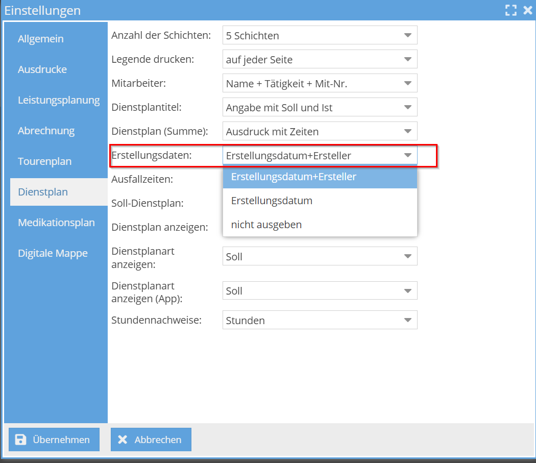 Einstellungen des Dienstplans