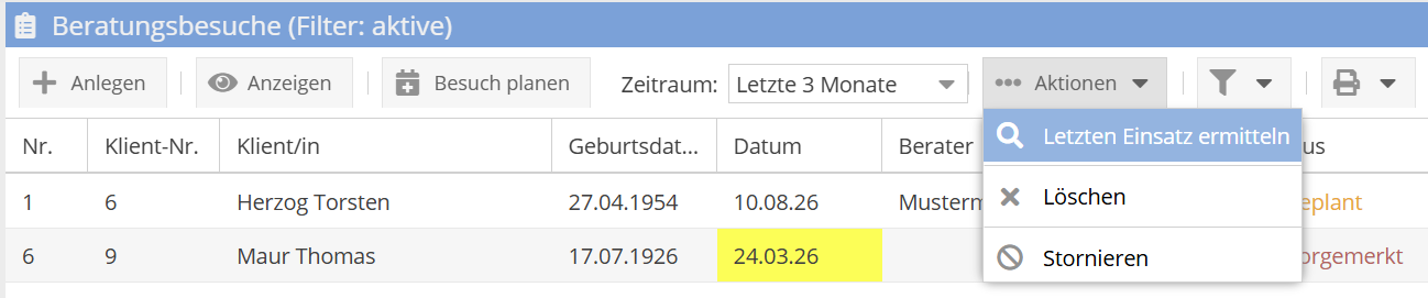 Letzten Einsatz ermitteln