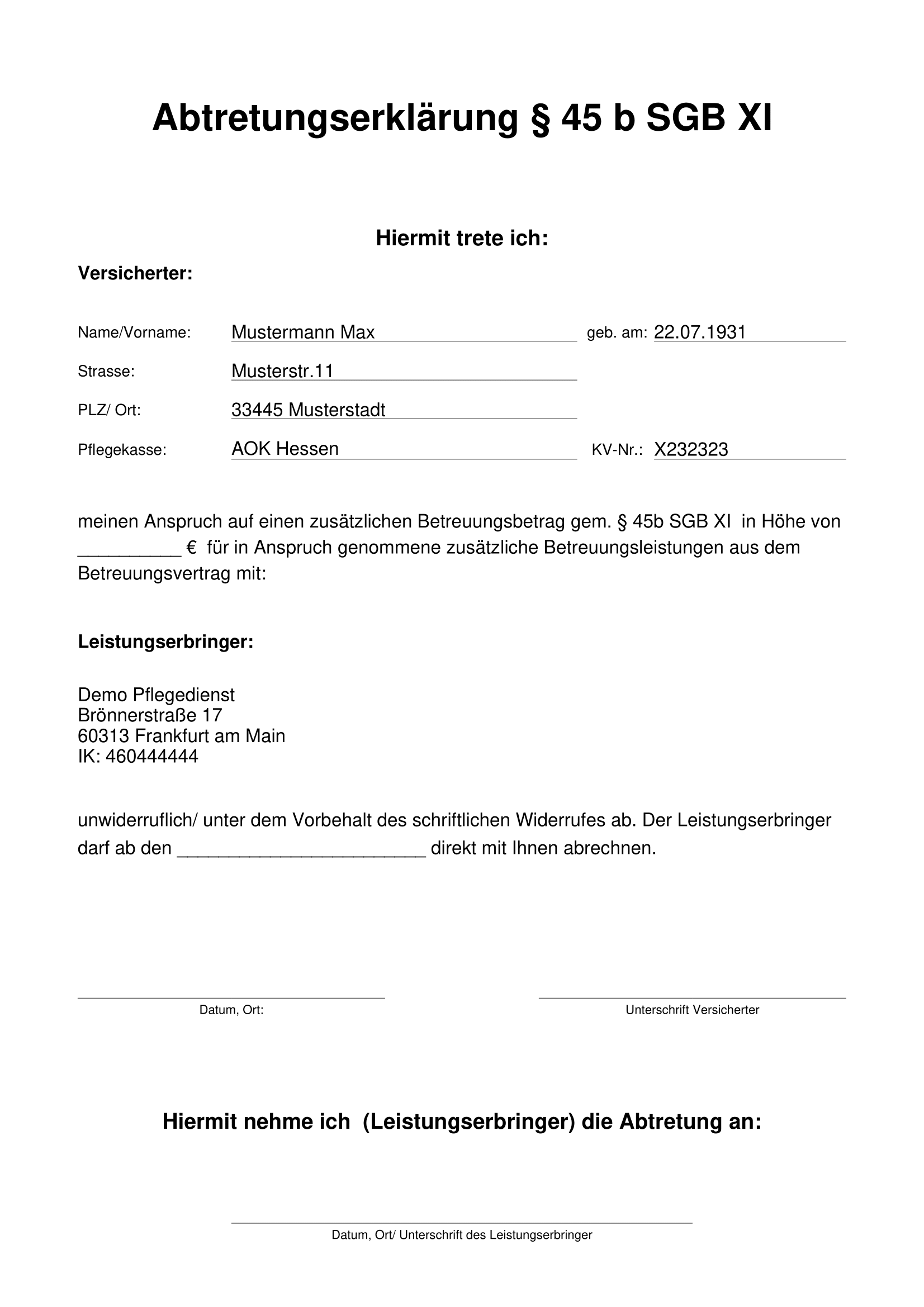 Abtretungserklärung § 45 b SGB XI