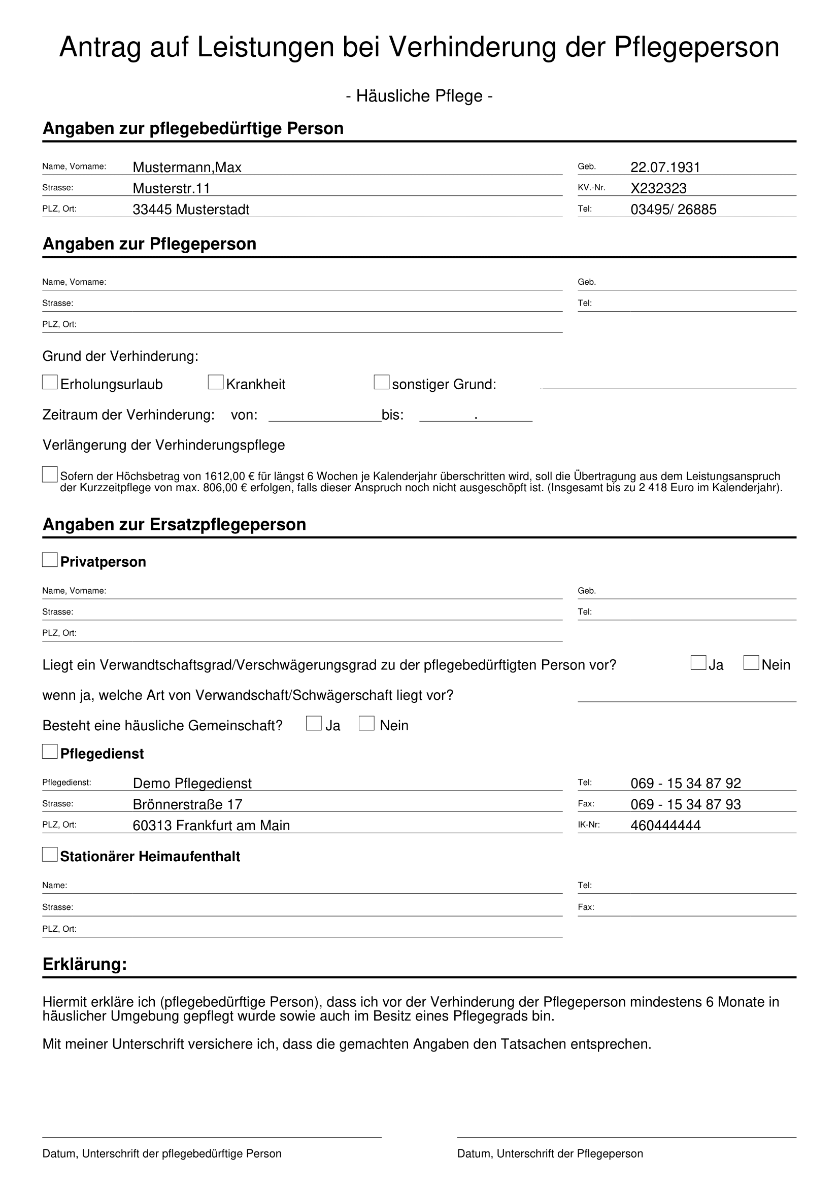 Antrag auf Leistungen bei Verhinderung der Pflegeperson
