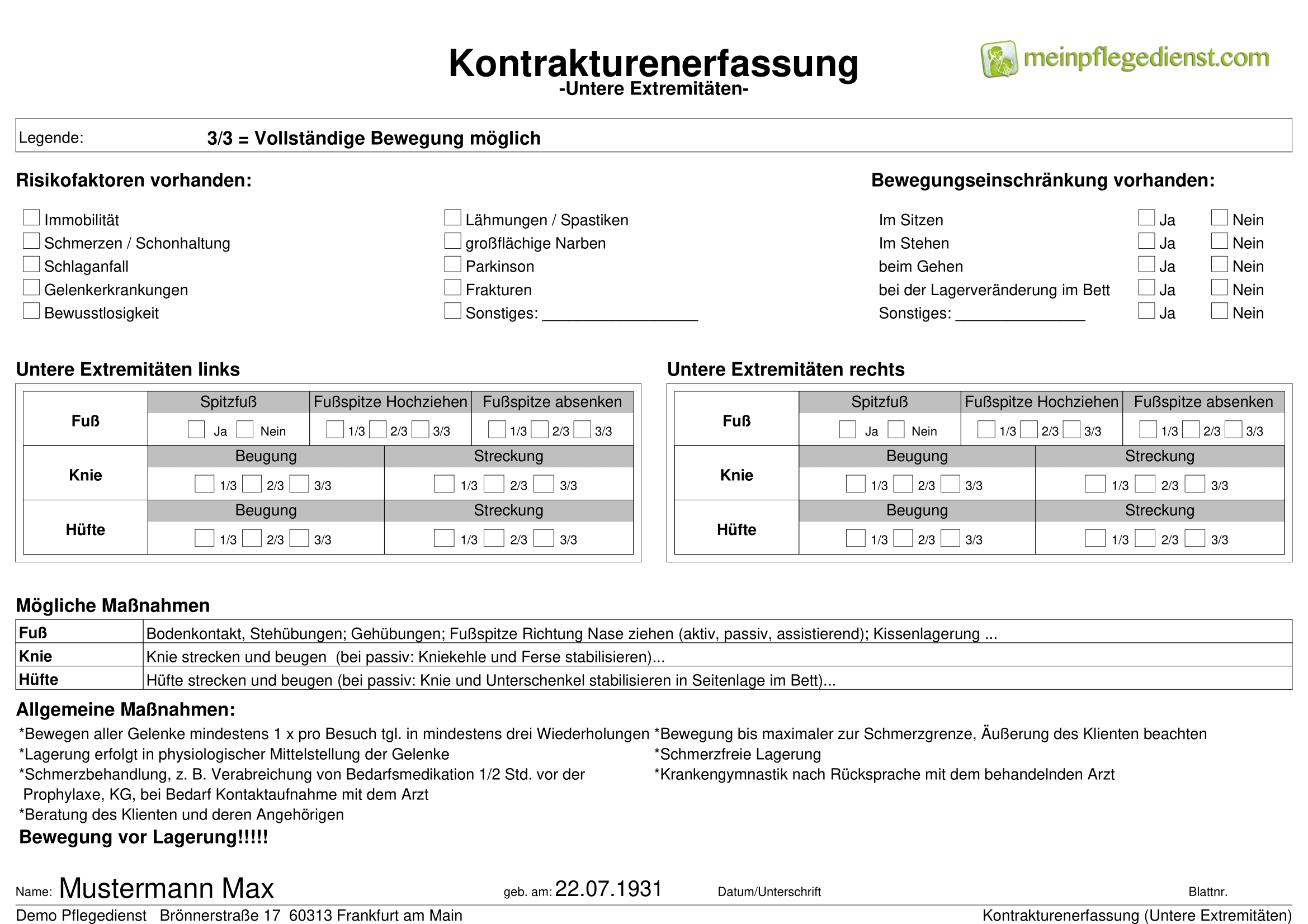 Kontrakturenerfassung (Untere Extremitäten)