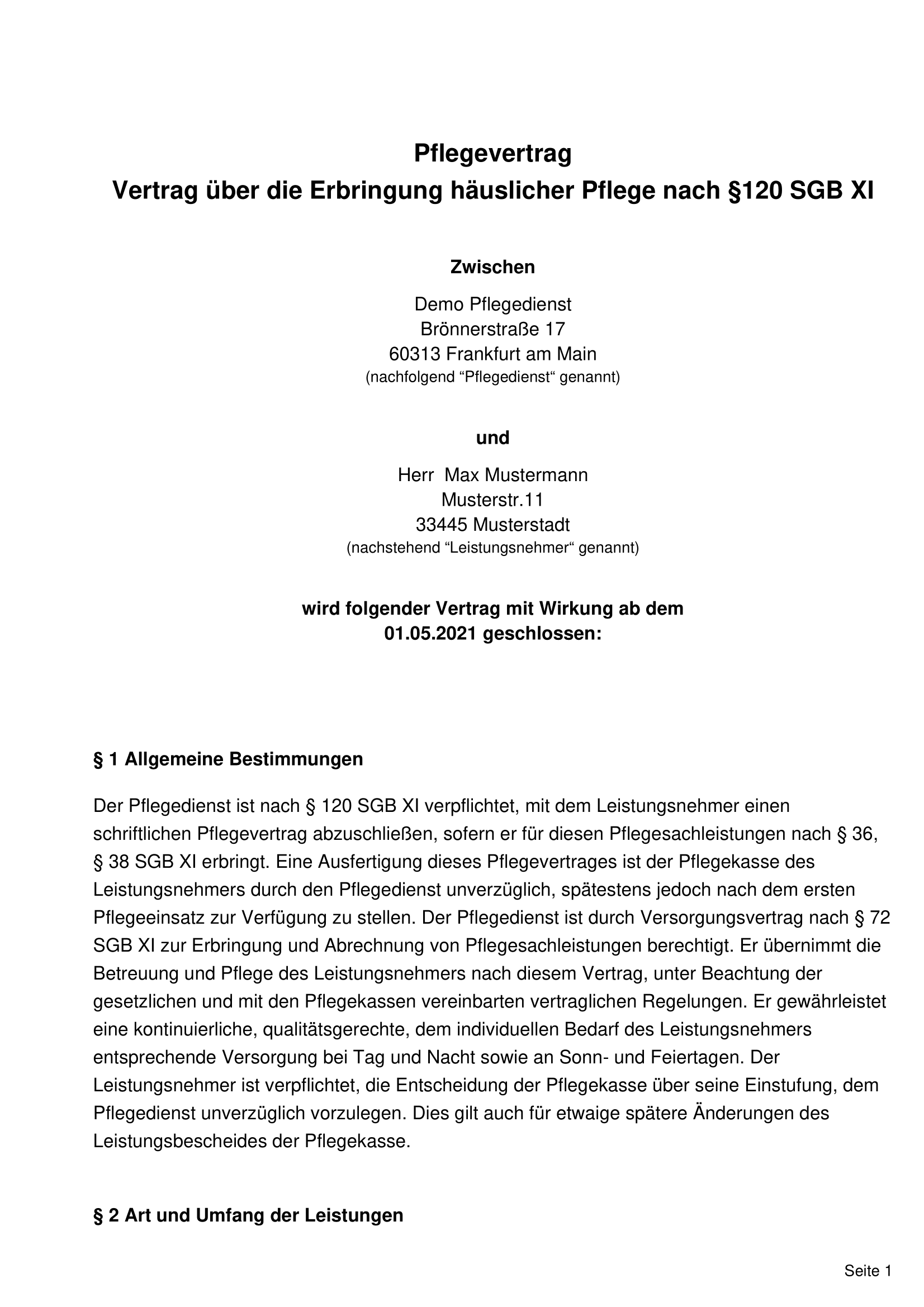 Pflegevertrag